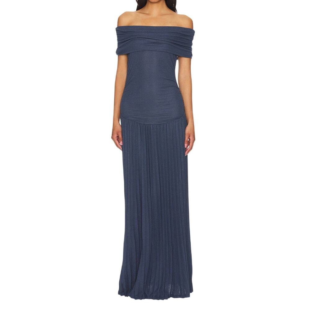 Lioness NEW Navy Blue Field of Dreams Pleated Knit Ruched Drop Waist Maxi Dress